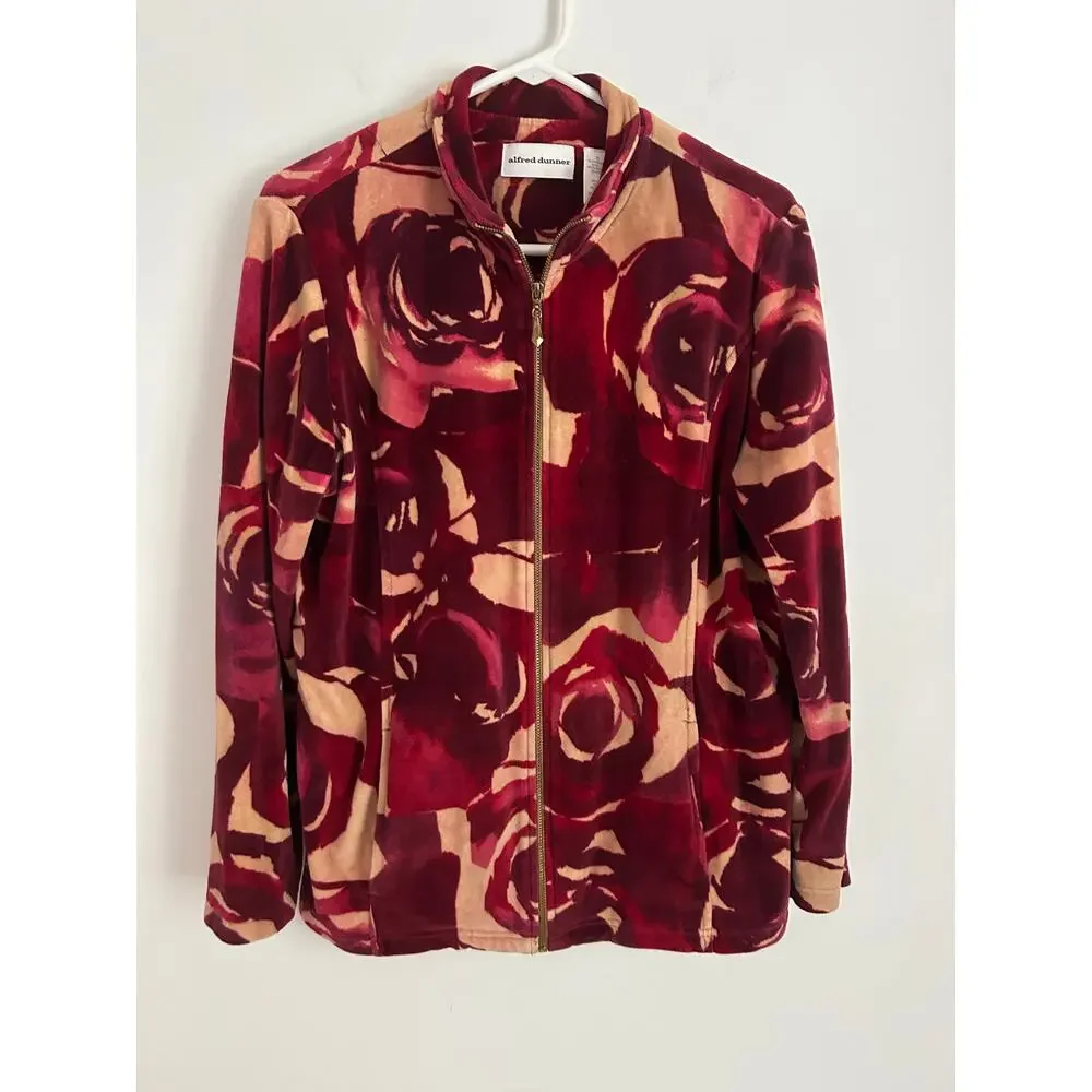 Alfred Dunner Maroon Beige Floral Velour Jacket Full Zip Women's 12